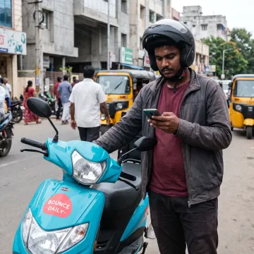 Food delivery rider using a smartphone