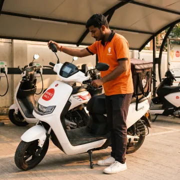 Rider collecting an EV scooter at a hub