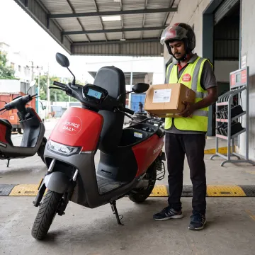 Delivery rider using an EV scooter