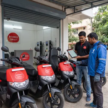 Electric scooter fleet at a Bounce rental hub