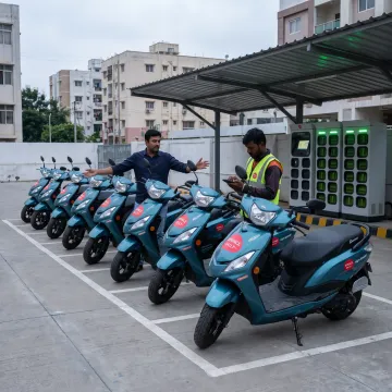 Partner inspecting electric scooters at a rental hub