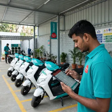 Electric scooters at a Bounce Daily rental hub