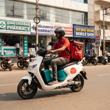 Delivery rider using an electric scooter in Chennai