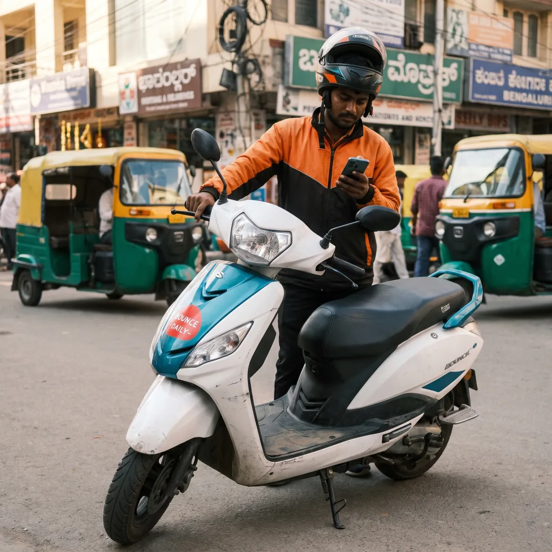 Delivery rider using a smartphone beside an electric scooter