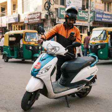 Delivery rider using a smartphone beside an electric scooter