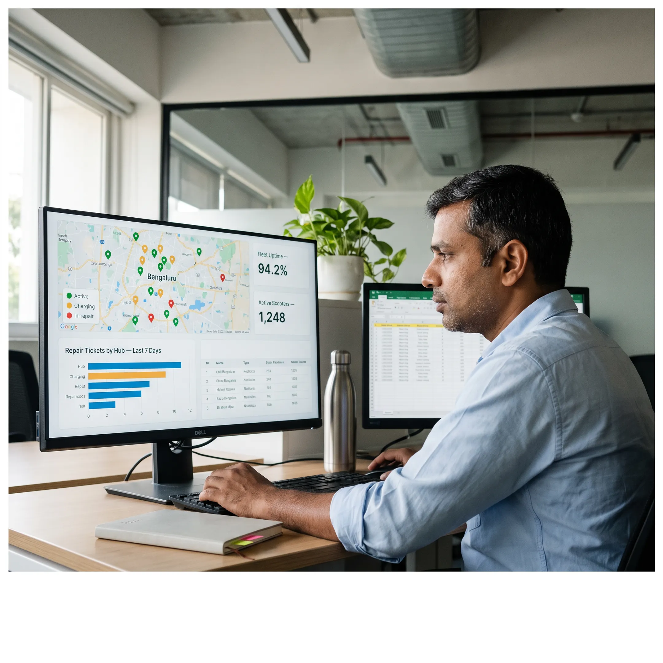 Fleet manager analyzing vehicle maintenance metrics on dashboard software