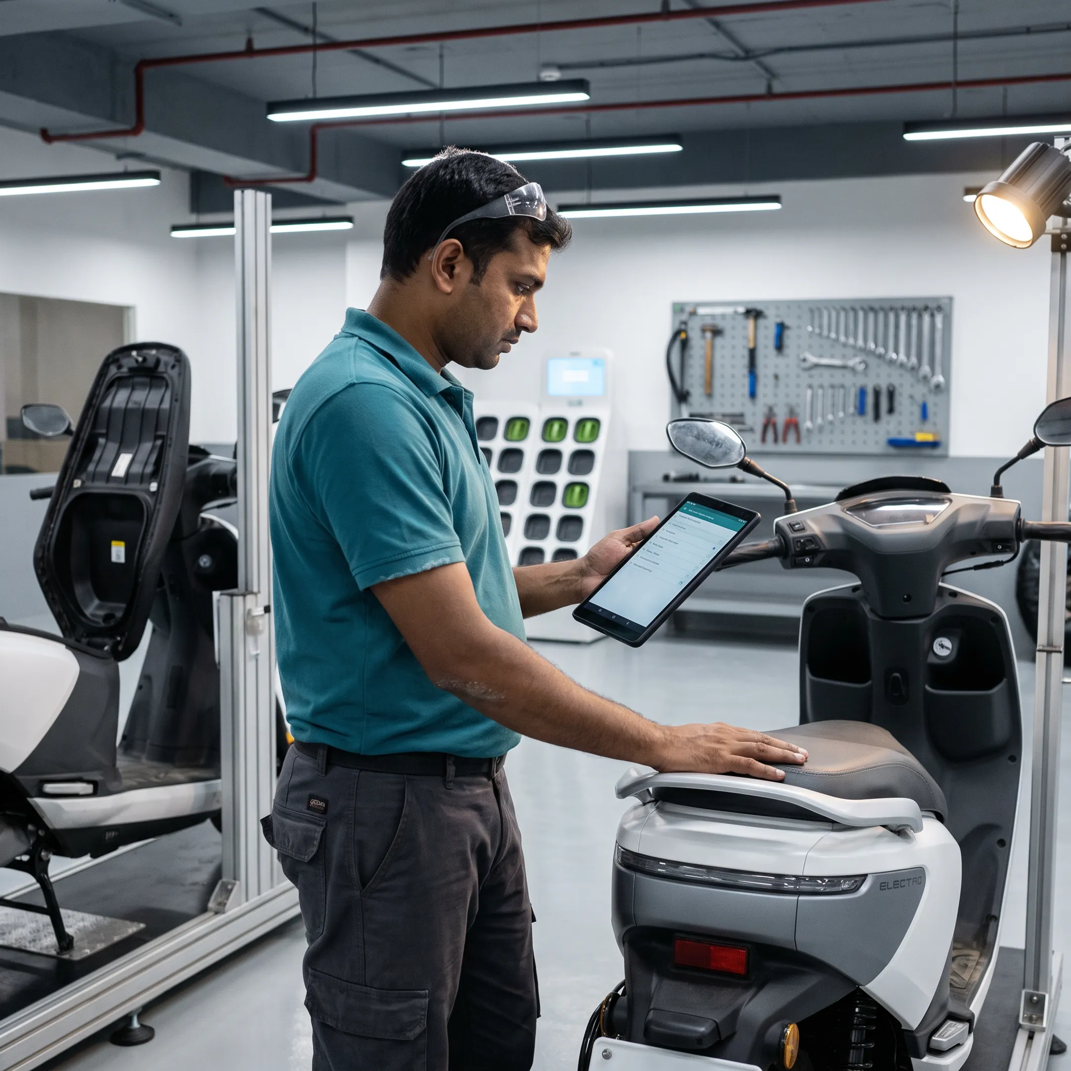 Technician reviewing vehicle diagnostics on digital service management software