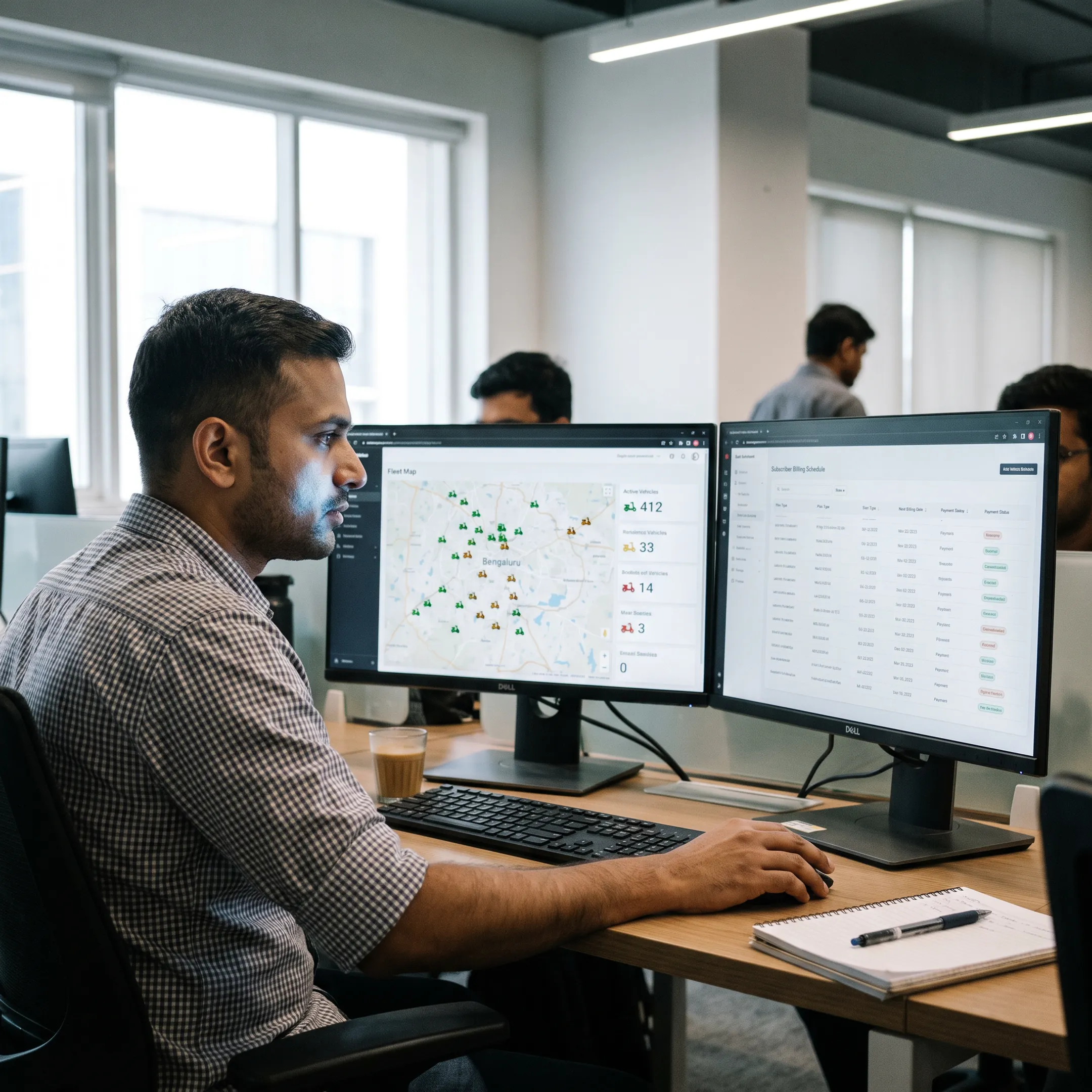Rental operator monitoring fleet plans and real-time billing metrics