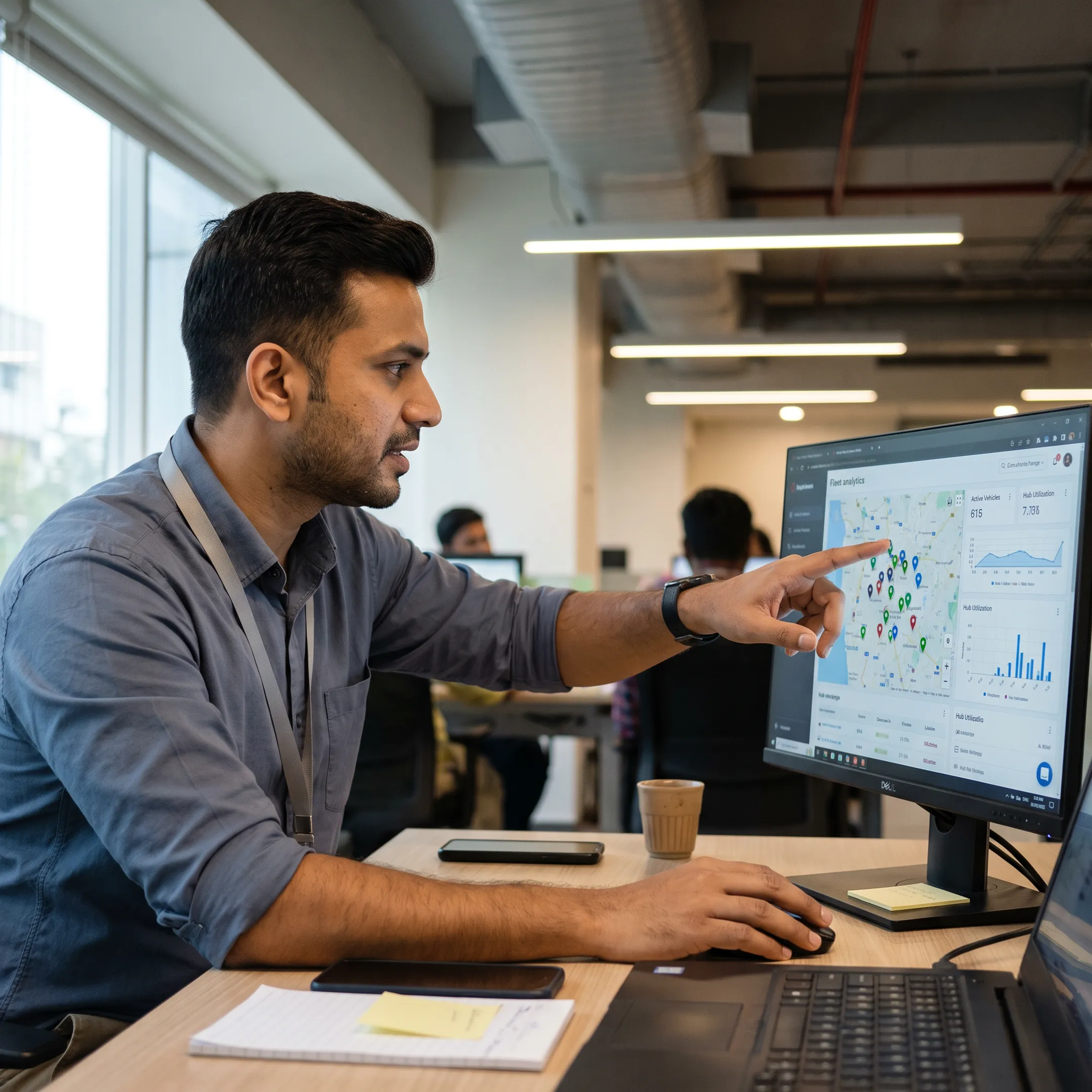 Fleet manager analyzing software metrics on desktop monitor