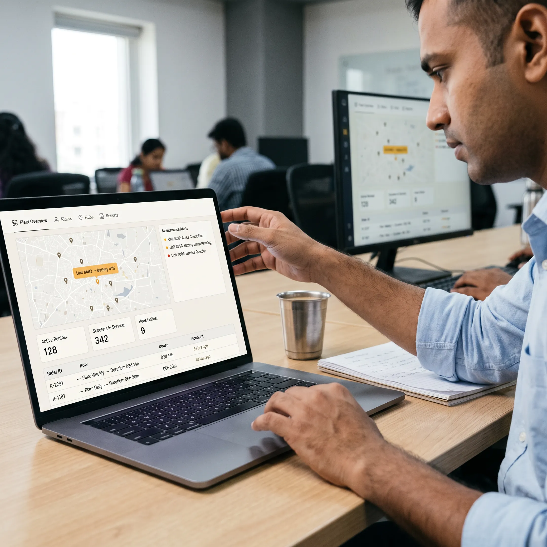 Fleet operator using dashboard software to manage vehicle statuses and operational telemetry
