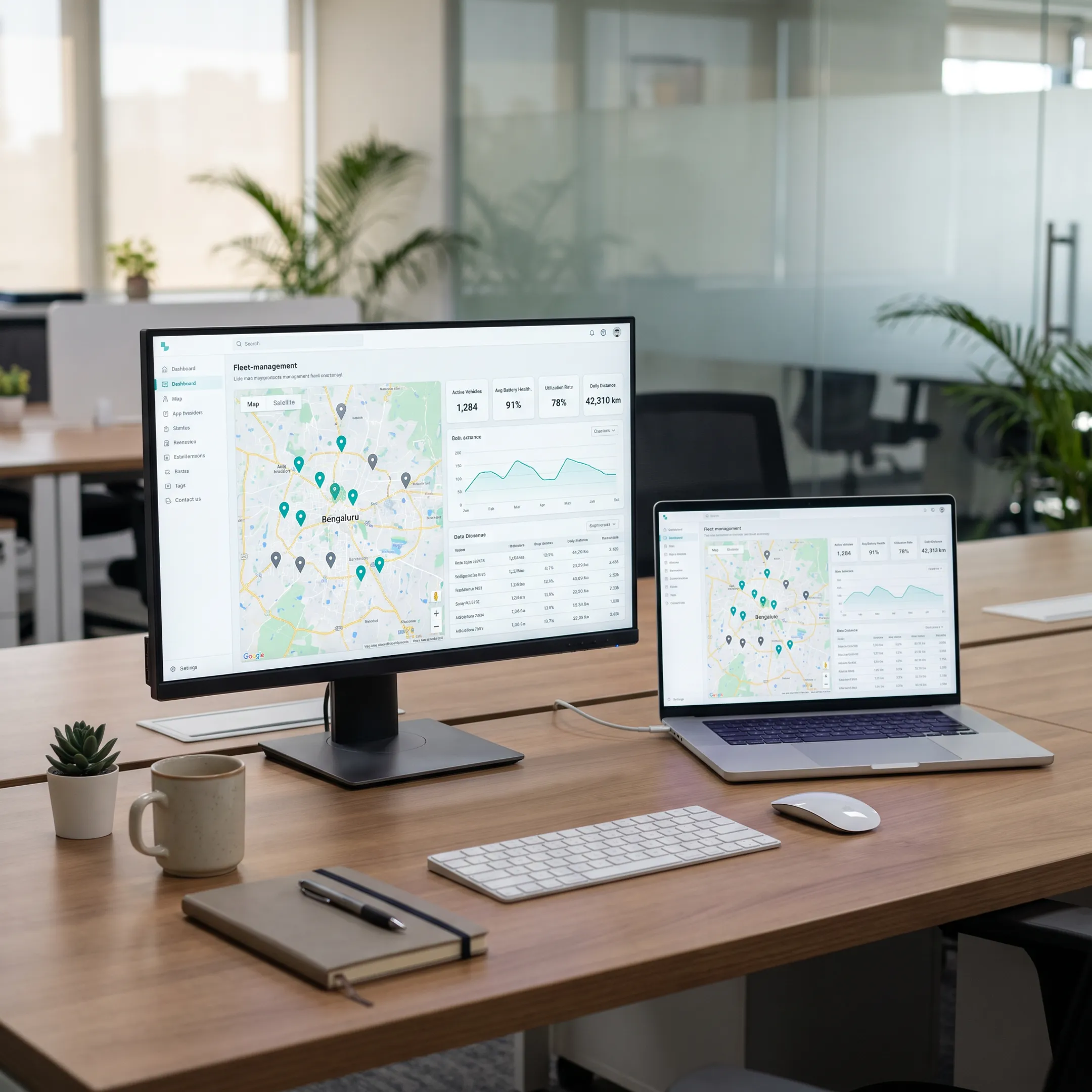 Centralised fleet operator dashboard software displaying vehicle analytics and tracking on screen