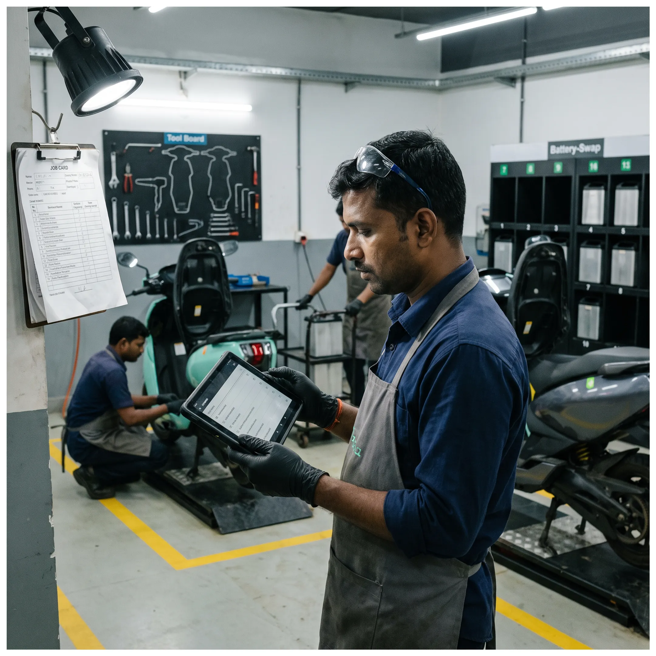 Technician using digital job card software on a mobile tablet inside a vehicle service bay