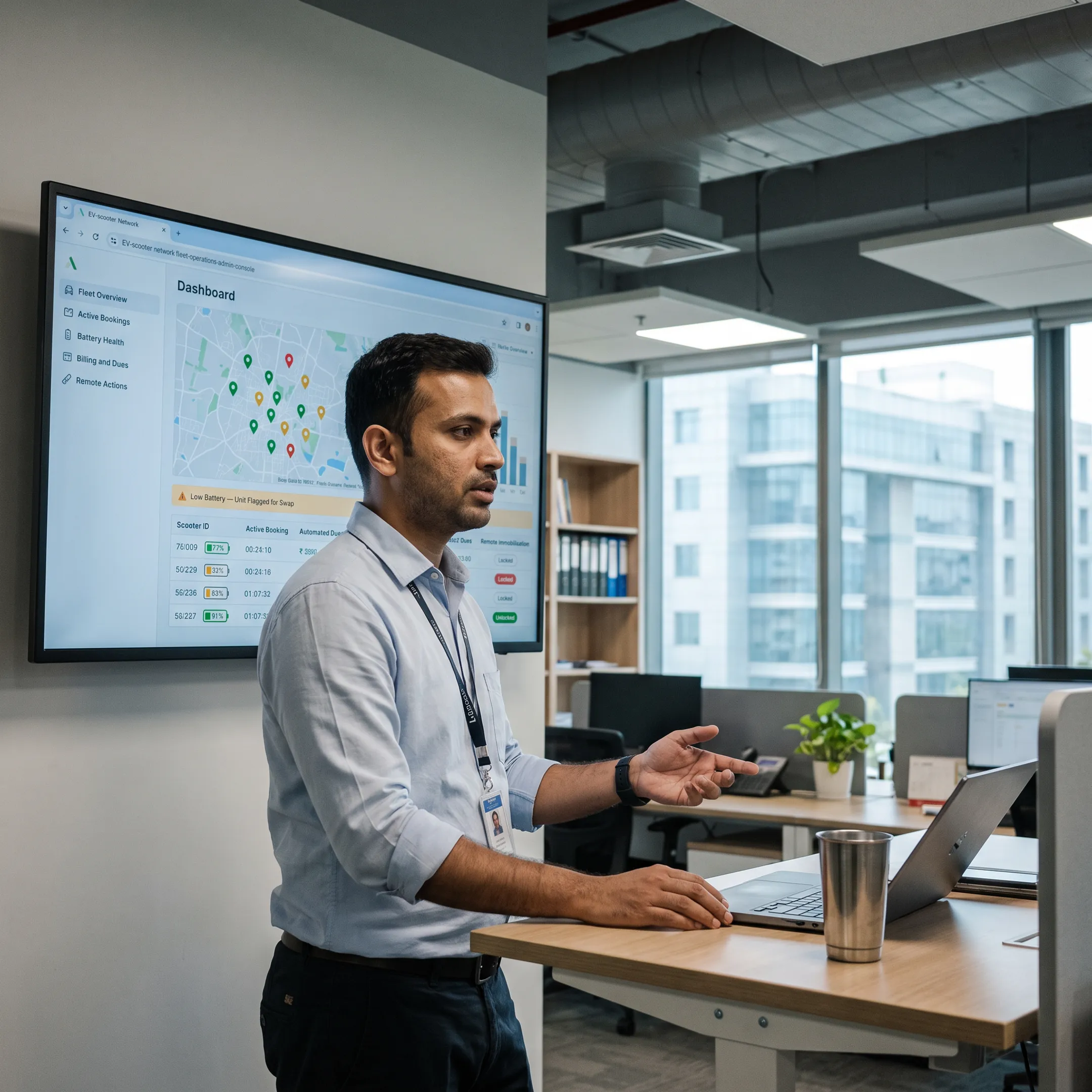 Fleet operator analyzing electric two-wheeler metrics on a centralized software console