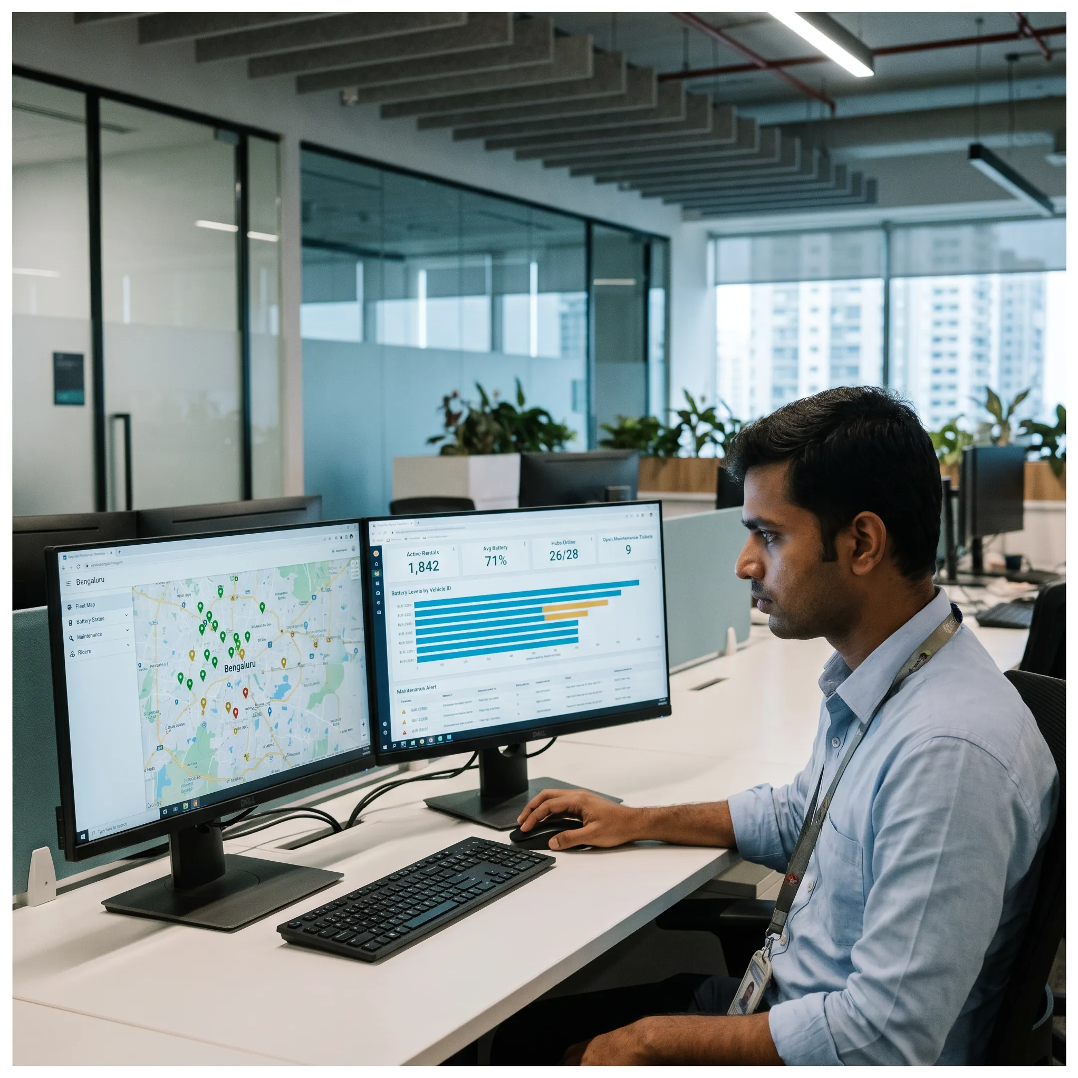 Commercial fleet operations interface showing real-time two-wheeler monitoring