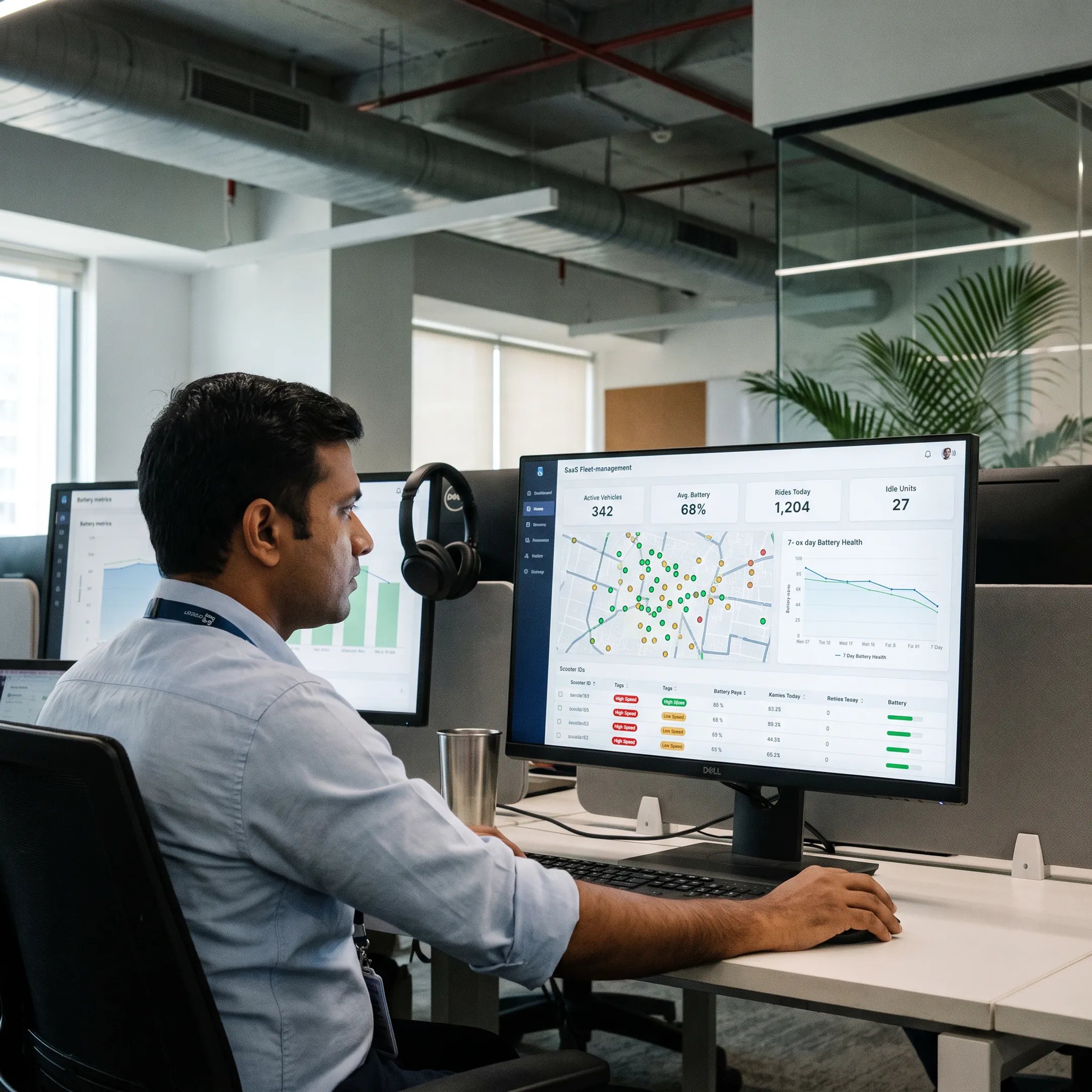 EV fleet management software central console displaying real-time electric scooter analytics