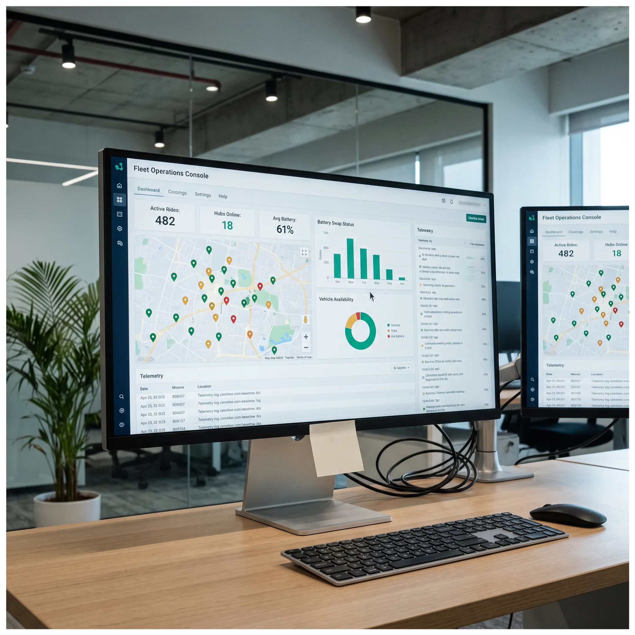 Fleet operations dashboard showcasing battery health and active two-wheeler locations