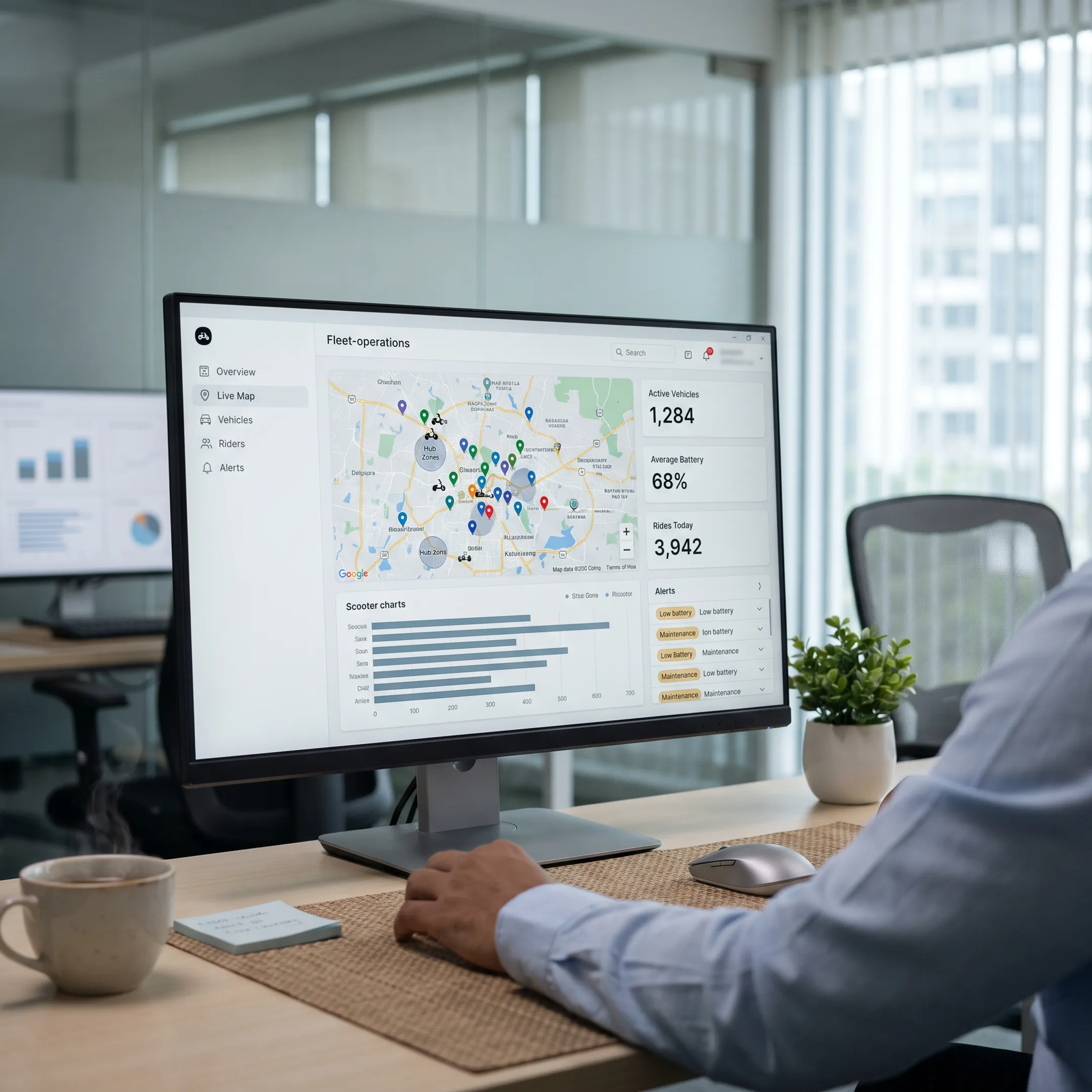 Fleet management software dashboard displaying EV tracking and analytics