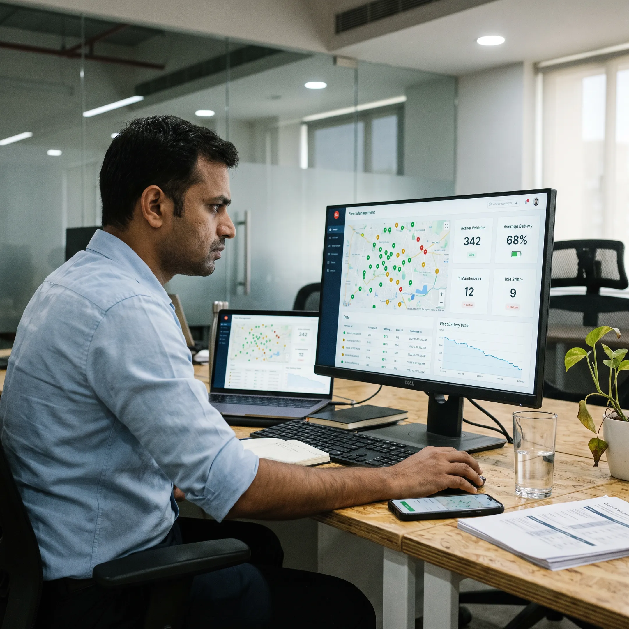 Fleet management central console displaying vehicle status and analytics