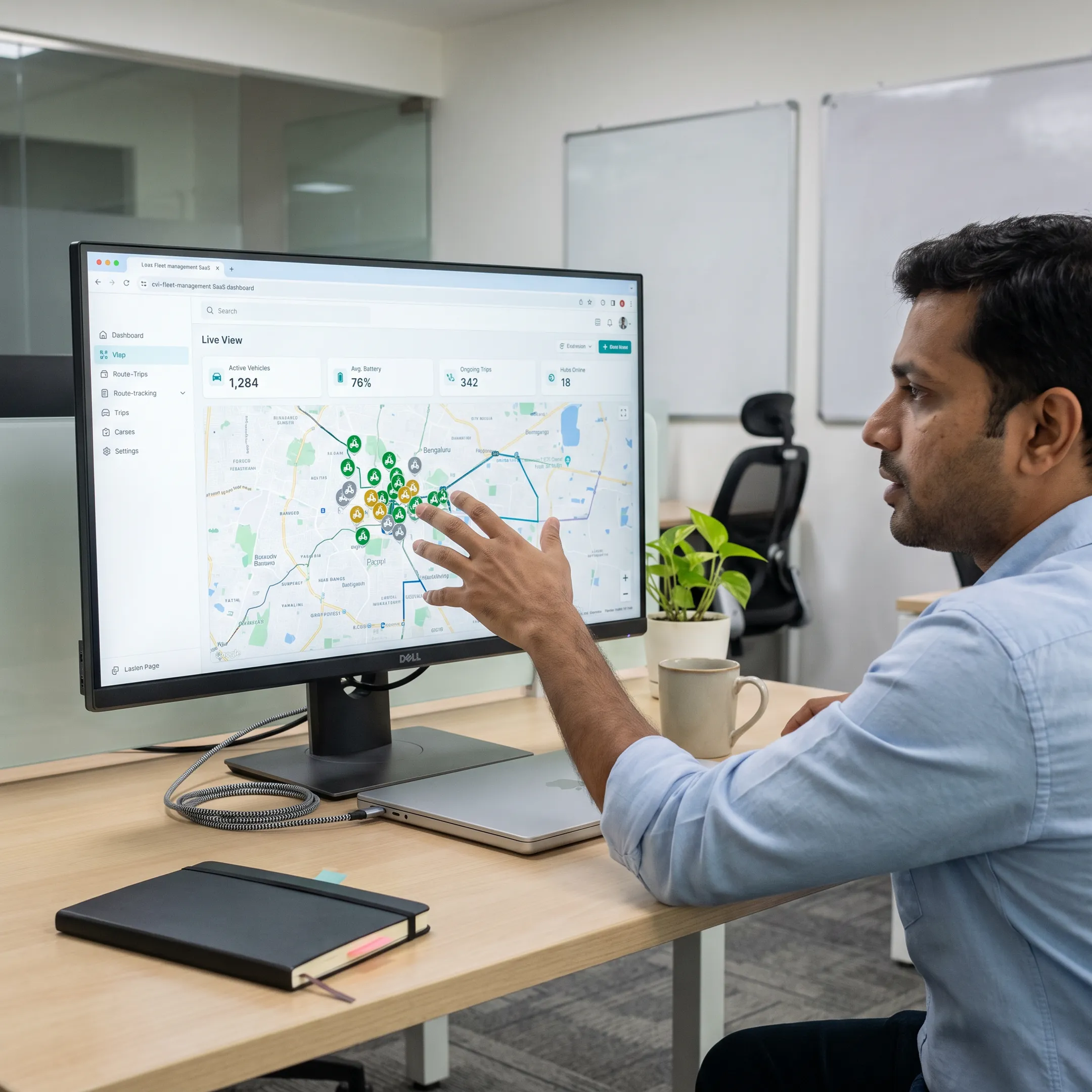 Digital dashboard of fleet management software tracking vehicles across India