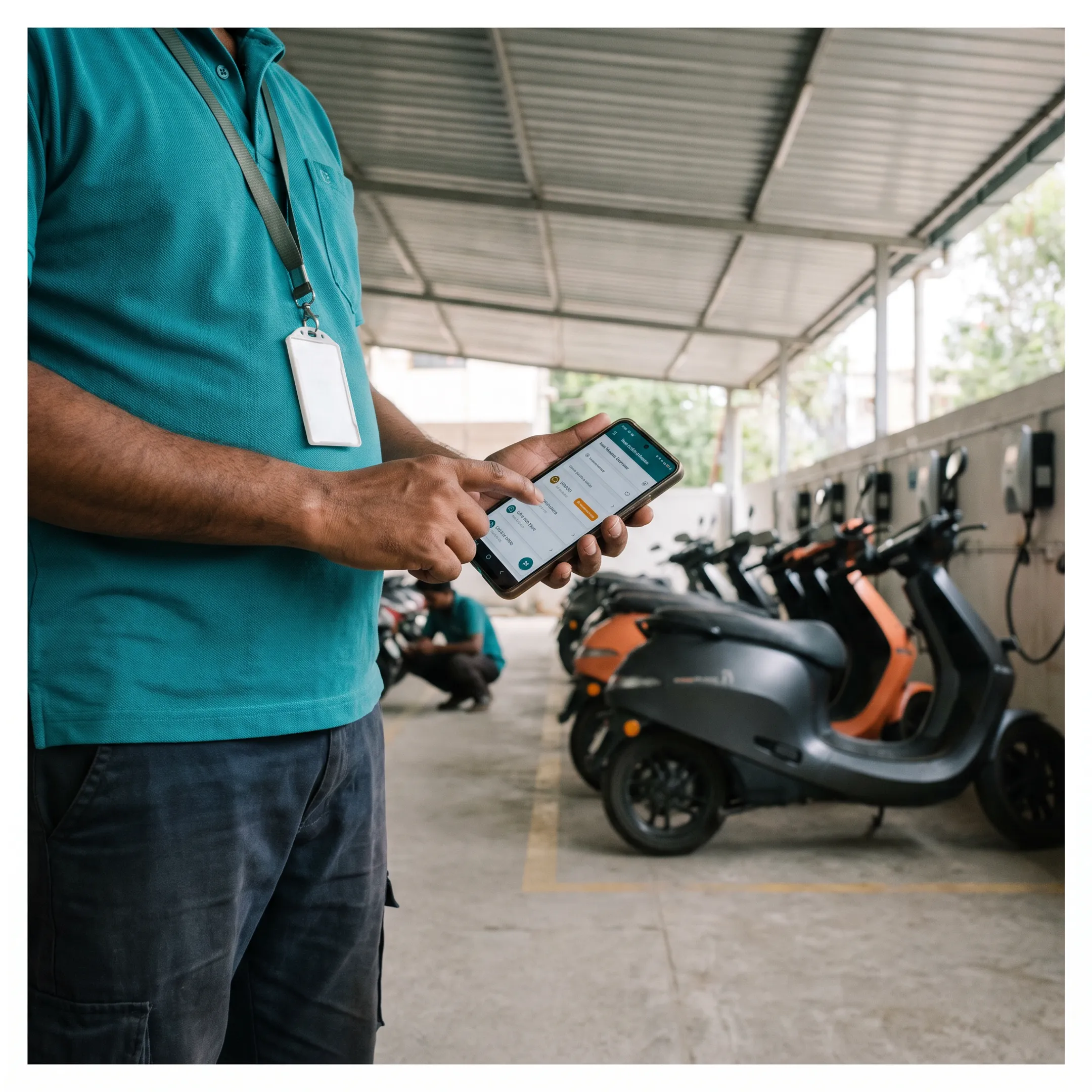 Technician checking two-wheeler fleet diagnostics on a mobile screen