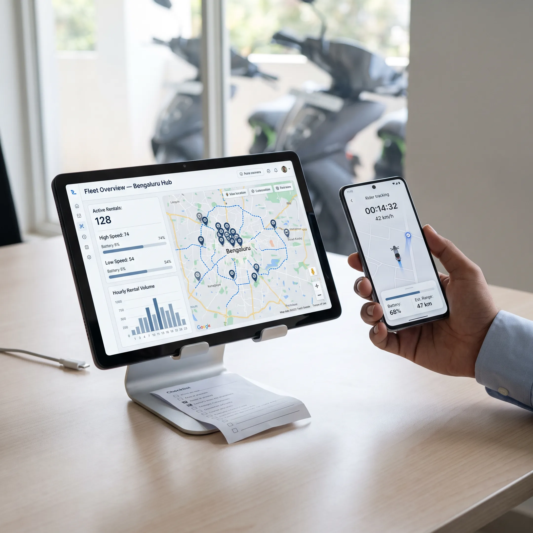 Fleet management app interface showing rider tracking and vehicle operations