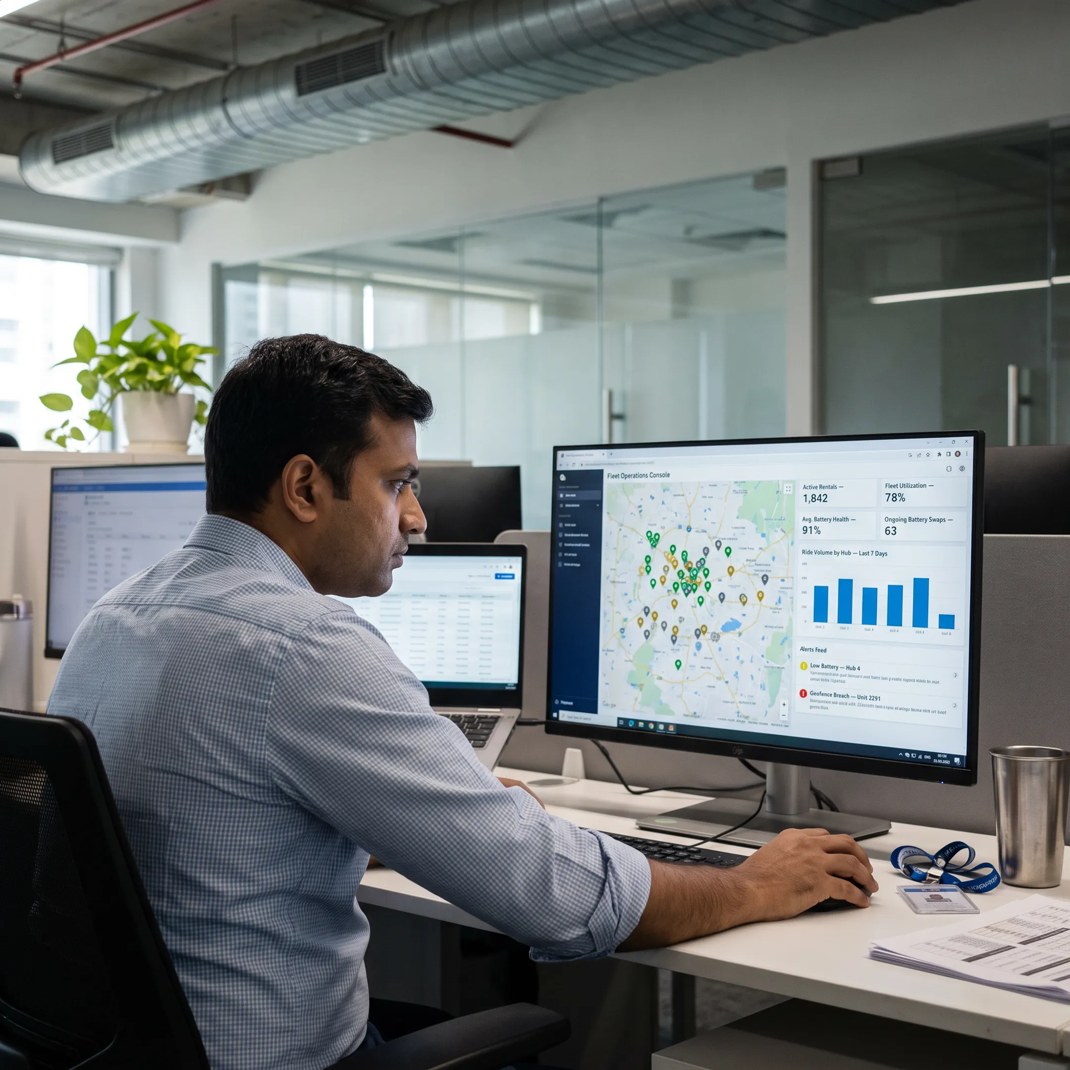 Fleet operations software dashboard displaying real-time rental vehicle tracking and metrics