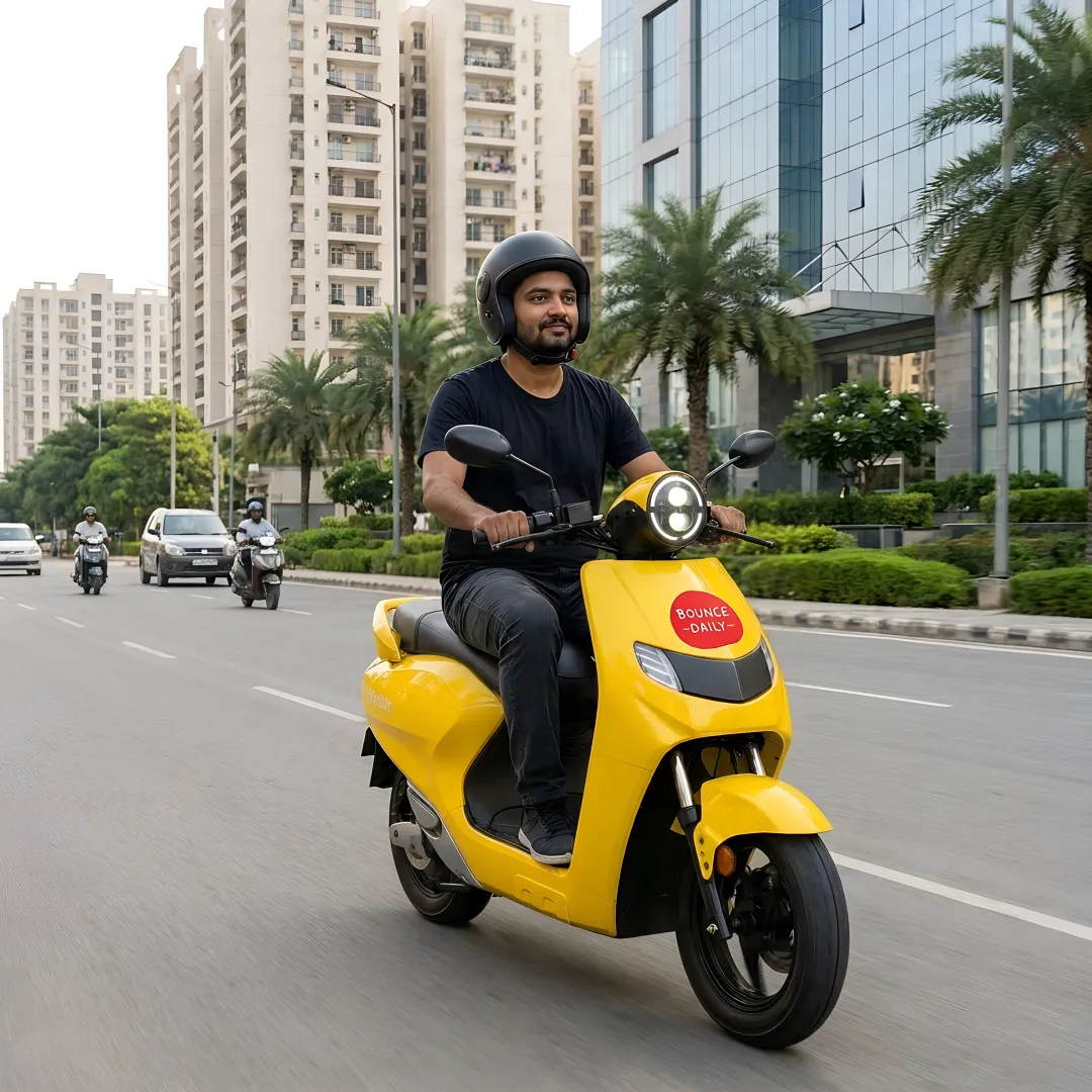 Rider using electric scooter rental service