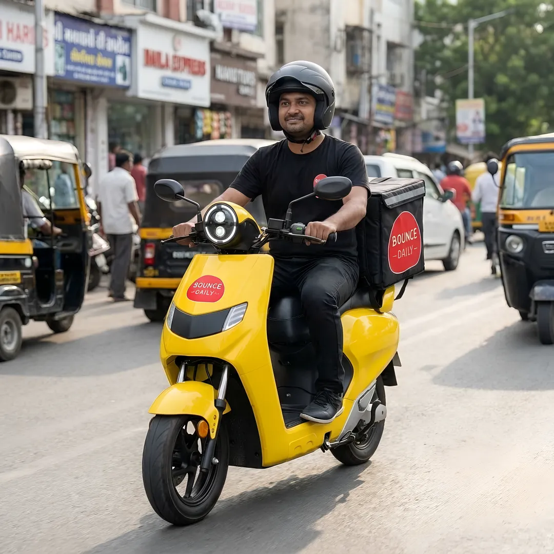 Delivery rider using an electric scooter in the city