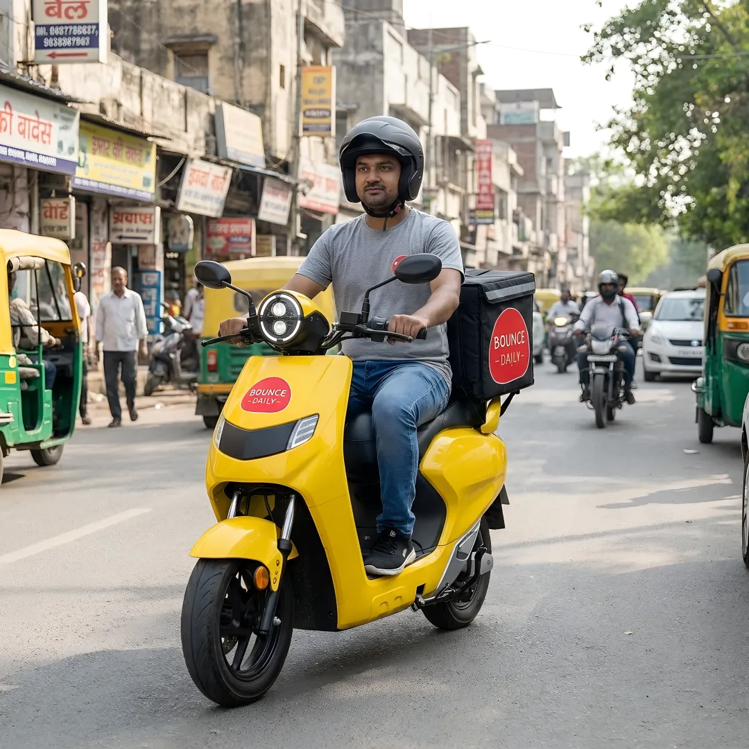 Rider using electric scooter for city travel