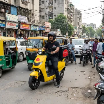 Delivery rider using electric scooter