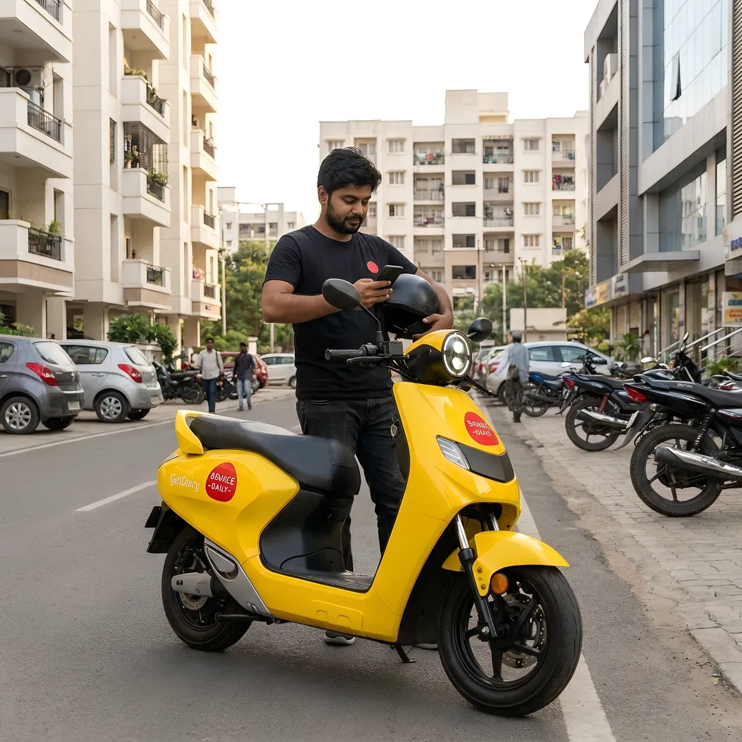 Rider using an electric scooter for daily commuting