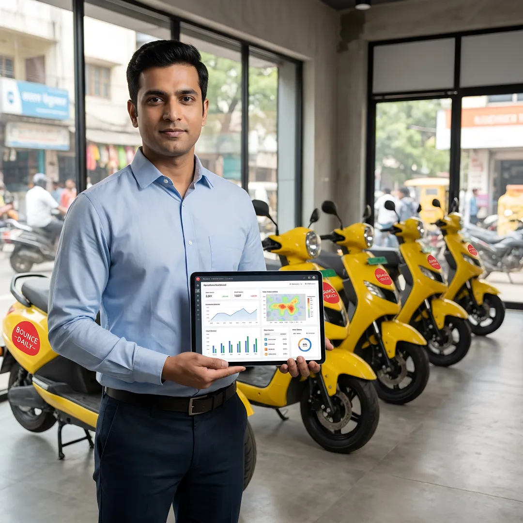 Rider picking up an electric scooter through an app