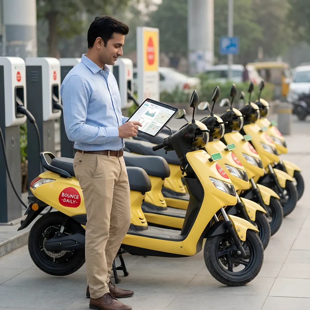 Rider using app to rent an electric scooter