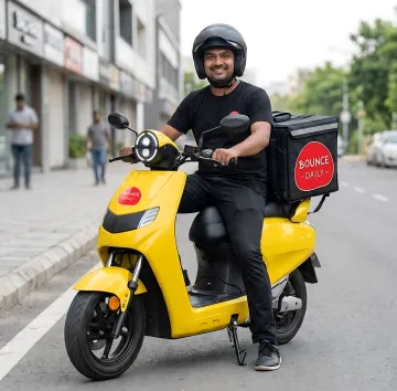 Delivery rider picking up electric scooter