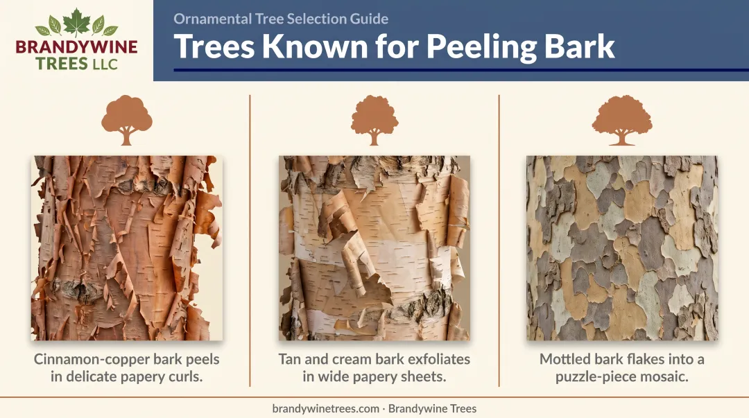 Peeling bark comparison of paperbark maple river birch and kousa dogwood