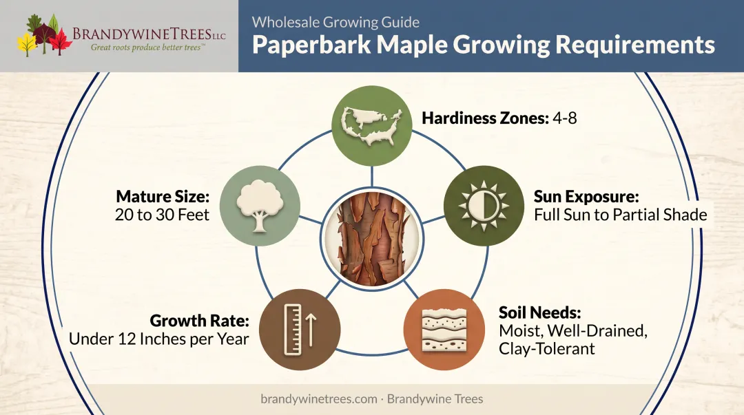 Paperbark maple growing conditions infographic showing zones sun soil size