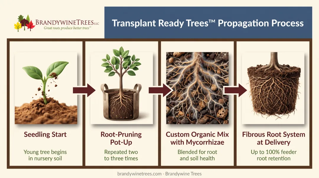 Transplant Ready Trees root-pruning pot-up process stages infographic