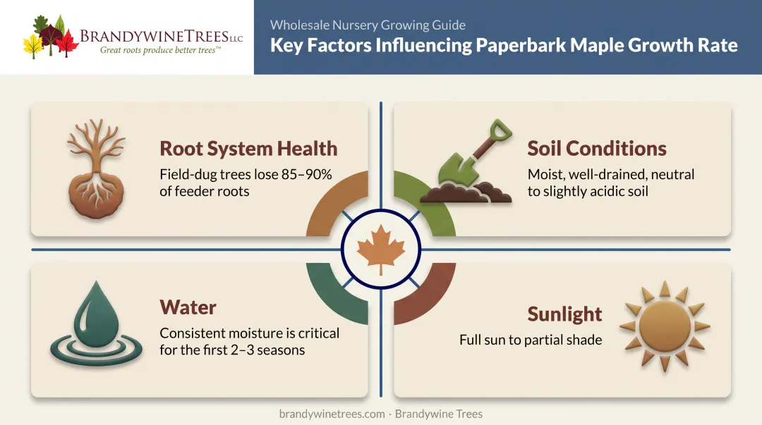 Four key factors affecting paperbark maple growth rate infographic