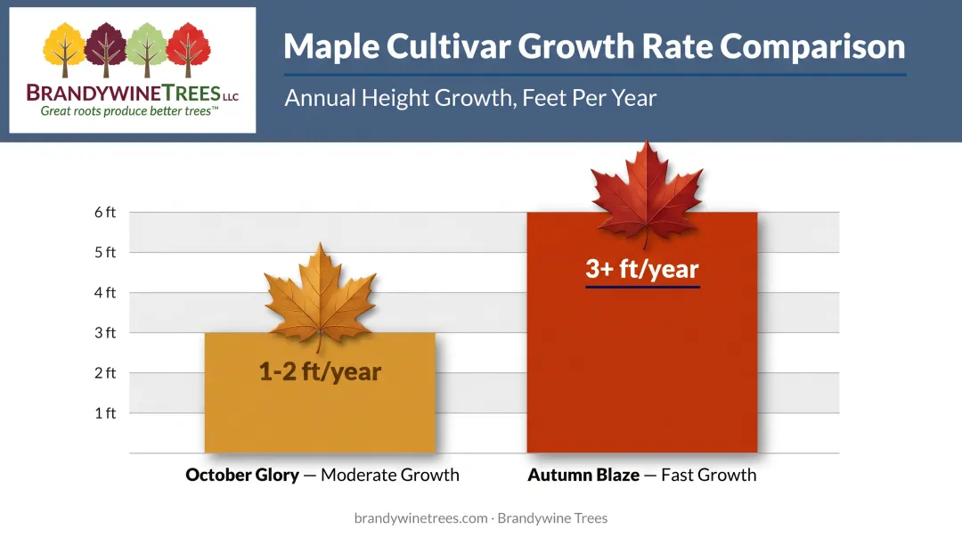 October Glory versus Autumn Blaze annual growth rate comparison chart