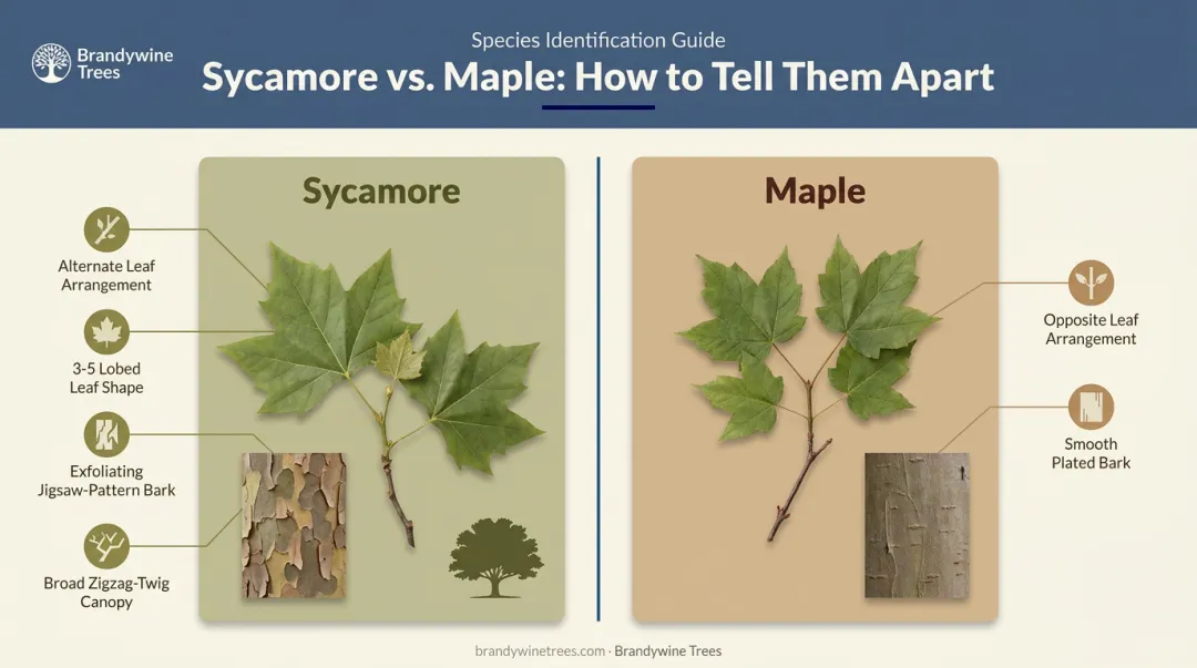 American sycamore identification chart showing bark leaves and canopy features