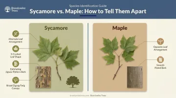 American sycamore identification chart showing bark leaves and canopy features