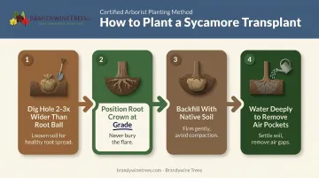 4-step sycamore tree planting process from hole digging to watering