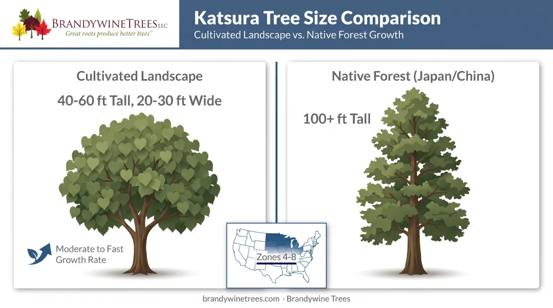 Katsura tree mature size comparison cultivated landscape versus native forest