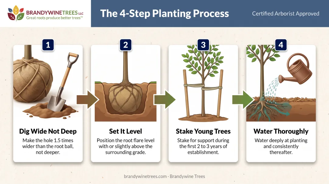 4-step katsura tree planting process from digging to watering