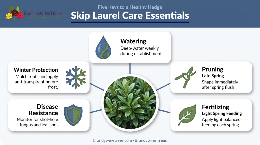 Skip laurel seasonal care checklist covering watering pruning and winter protection
