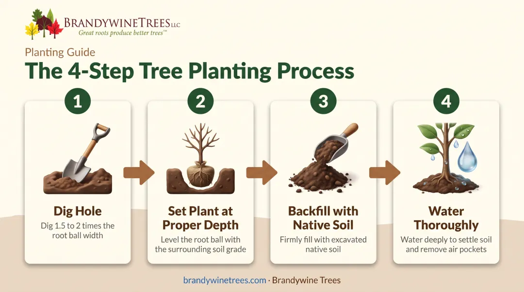 4-step skip laurel planting process from digging hole to watering