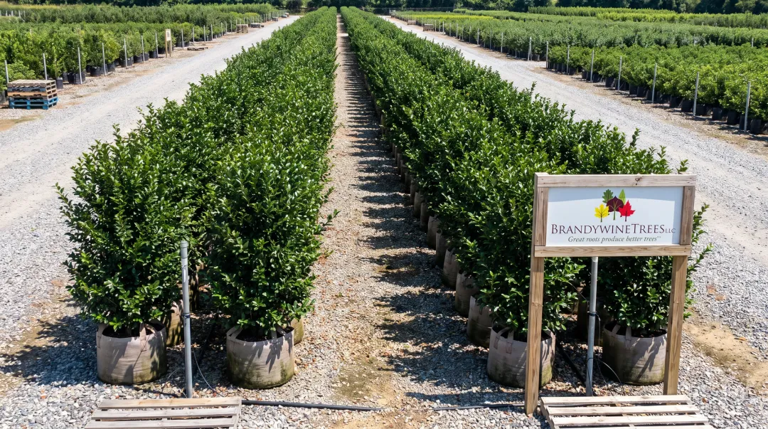 Ligustrum ovalifolium hedge stock rows ready for wholesale shipment