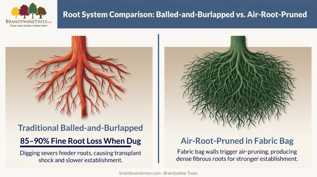 Root system comparison traditional balled-and-burlapped versus air-root-pruned privet trees