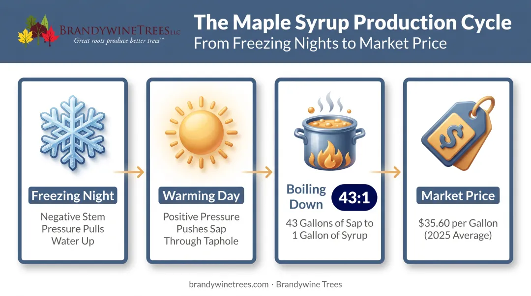 Sap to syrup conversion process showing freeze-thaw cycle and ratio
