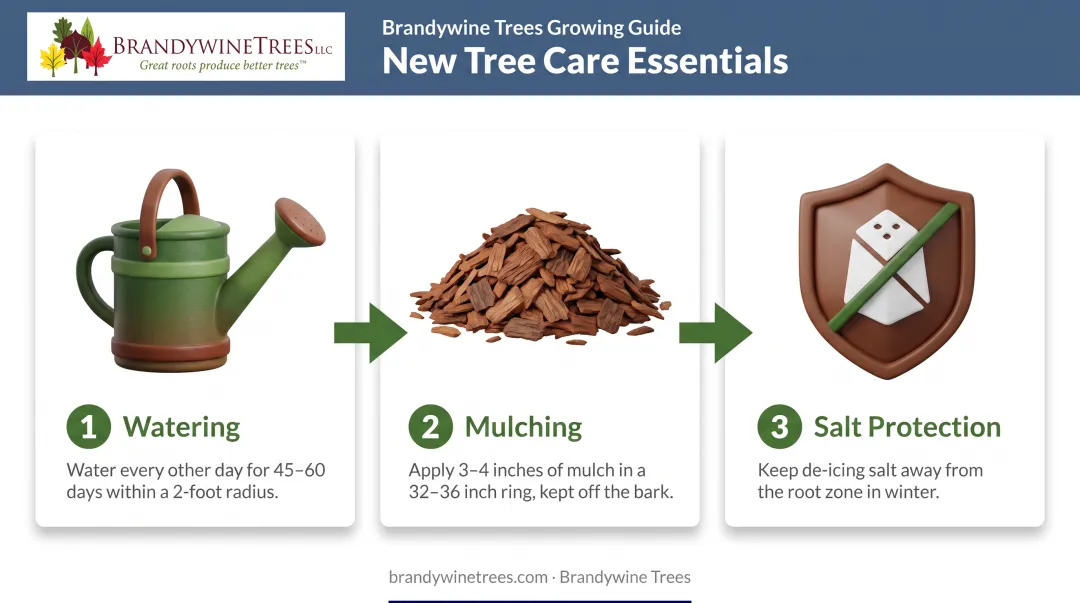 Three-step sugar maple aftercare process for watering mulching salt protection